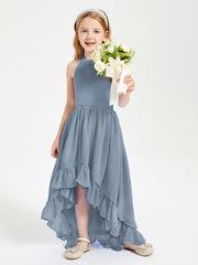 Trendy Boho Junior Bridesmaid Dresses Asymmetrical Cascading Skirt Dusty Blue