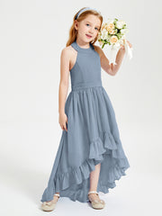 Trendy Boho Junior Bridesmaid Dresses Asymmetrical Cascading Skirt Dusty Blue