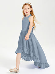Trendy Boho Junior Bridesmaid Dresses Asymmetrical Cascading Skirt Dusty Blue
