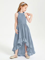 Trendy Boho Junior Bridesmaid Dresses Asymmetrical Cascading Skirt Dusty Blue