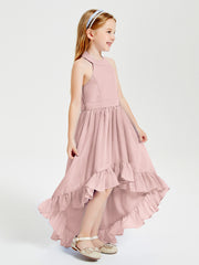 Trendy Boho Junior Bridesmaid Dresses Asymmetrical Cascading Skirt Dusty Rose