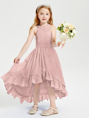 Trendy Boho Junior Bridesmaid Dresses Asymmetrical Cascading Skirt Dusty Rose