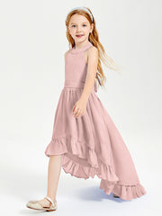 Trendy Boho Junior Bridesmaid Dresses Asymmetrical Cascading Skirt Dusty Rose