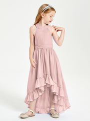 Trendy Boho Junior Bridesmaid Dresses Asymmetrical Cascading Skirt Dusty Rose