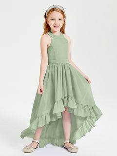 Trendy Boho Junior Bridesmaid Dresses Asymmetrical Cascading Skirt Dusty Sage