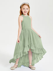 Trendy Boho Junior Bridesmaid Dresses Asymmetrical Cascading Skirt Dusty Sage