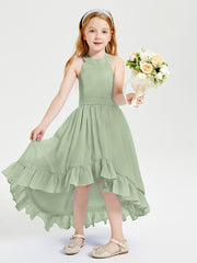 Trendy Boho Junior Bridesmaid Dresses Asymmetrical Cascading Skirt Dusty Sage