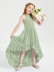 Trendy Boho Junior Bridesmaid Dresses Asymmetrical Cascading Skirt Dusty Sage