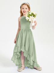 Trendy Boho Junior Bridesmaid Dresses Asymmetrical Cascading Skirt Dusty Sage