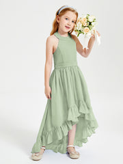 Trendy Boho Junior Bridesmaid Dresses Asymmetrical Cascading Skirt Dusty Sage