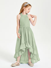 Trendy Boho Junior Bridesmaid Dresses Asymmetrical Cascading Skirt Dusty Sage
