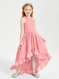 Trendy Boho Junior Bridesmaid Dresses Asymmetrical Cascading Skirt Flamingo