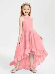 Trendy Boho Junior Bridesmaid Dresses Asymmetrical Cascading Skirt Flamingo