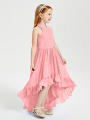 Trendy Boho Junior Bridesmaid Dresses Asymmetrical Cascading Skirt Flamingo