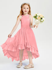 Trendy Boho Junior Bridesmaid Dresses Asymmetrical Cascading Skirt Flamingo