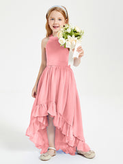 Trendy Boho Junior Bridesmaid Dresses Asymmetrical Cascading Skirt Flamingo