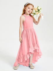 Trendy Boho Junior Bridesmaid Dresses Asymmetrical Cascading Skirt Flamingo