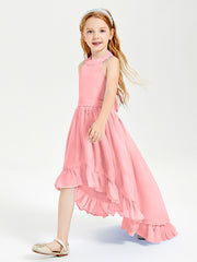 Trendy Boho Junior Bridesmaid Dresses Asymmetrical Cascading Skirt Flamingo