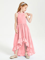 Trendy Boho Junior Bridesmaid Dresses Asymmetrical Cascading Skirt Flamingo