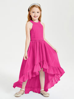 Trendy Boho Junior Bridesmaid Dresses Asymmetrical Cascading Skirt Fuchsia