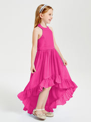 Trendy Boho Junior Bridesmaid Dresses Asymmetrical Cascading Skirt Fuchsia