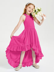 Trendy Boho Junior Bridesmaid Dresses Asymmetrical Cascading Skirt Fuchsia