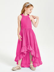 Trendy Boho Junior Bridesmaid Dresses Asymmetrical Cascading Skirt Fuchsia