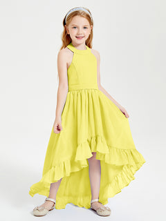 Trendy Boho Junior Bridesmaid Dresses Asymmetrical Cascading Skirt Lemon