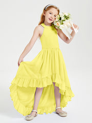 Trendy Boho Junior Bridesmaid Dresses Asymmetrical Cascading Skirt Lemon