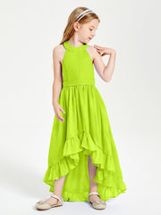 Trendy Boho Junior Bridesmaid Dresses Asymmetrical Cascading Skirt Lime Green