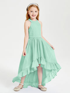 Trendy Boho Junior Bridesmaid Dresses Asymmetrical Cascading Skirt Mint Green