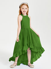 Trendy Boho Junior Bridesmaid Dresses Asymmetrical Cascading Skirt Moss