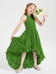 Trendy Boho Junior Bridesmaid Dresses Asymmetrical Cascading Skirt Moss