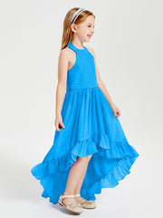 Trendy Boho Junior Bridesmaid Dresses Asymmetrical Cascading Skirt Ocean Blue