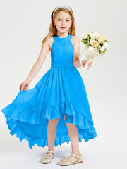 Trendy Boho Junior Bridesmaid Dresses Asymmetrical Cascading Skirt Ocean Blue