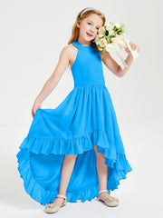 Trendy Boho Junior Bridesmaid Dresses Asymmetrical Cascading Skirt Ocean Blue