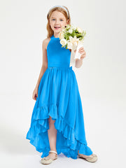Trendy Boho Junior Bridesmaid Dresses Asymmetrical Cascading Skirt Ocean Blue