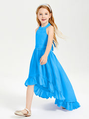 Trendy Boho Junior Bridesmaid Dresses Asymmetrical Cascading Skirt Ocean Blue