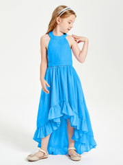 Trendy Boho Junior Bridesmaid Dresses Asymmetrical Cascading Skirt Ocean Blue