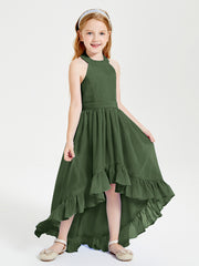 Trendy Boho Junior Bridesmaid Dresses Asymmetrical Cascading Skirt Olive Green