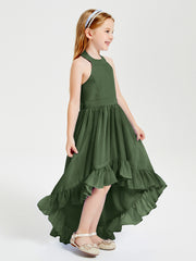 Trendy Boho Junior Bridesmaid Dresses Asymmetrical Cascading Skirt Olive Green