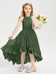 Trendy Boho Junior Bridesmaid Dresses Asymmetrical Cascading Skirt Olive Green