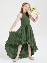 Trendy Boho Junior Bridesmaid Dresses Asymmetrical Cascading Skirt Olive Green