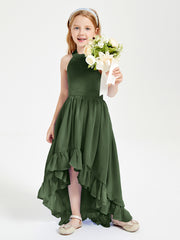 Trendy Boho Junior Bridesmaid Dresses Asymmetrical Cascading Skirt Olive Green