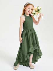 Trendy Boho Junior Bridesmaid Dresses Asymmetrical Cascading Skirt Olive Green