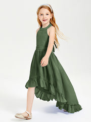 Trendy Boho Junior Bridesmaid Dresses Asymmetrical Cascading Skirt Olive Green