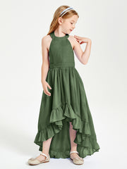 Trendy Boho Junior Bridesmaid Dresses Asymmetrical Cascading Skirt Olive Green