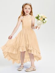 Trendy Boho Junior Bridesmaid Dresses Asymmetrical Cascading Skirt Peach