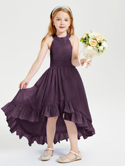 Trendy Boho Junior Bridesmaid Dresses Asymmetrical Cascading Skirt Plum