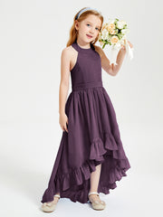 Trendy Boho Junior Bridesmaid Dresses Asymmetrical Cascading Skirt Plum